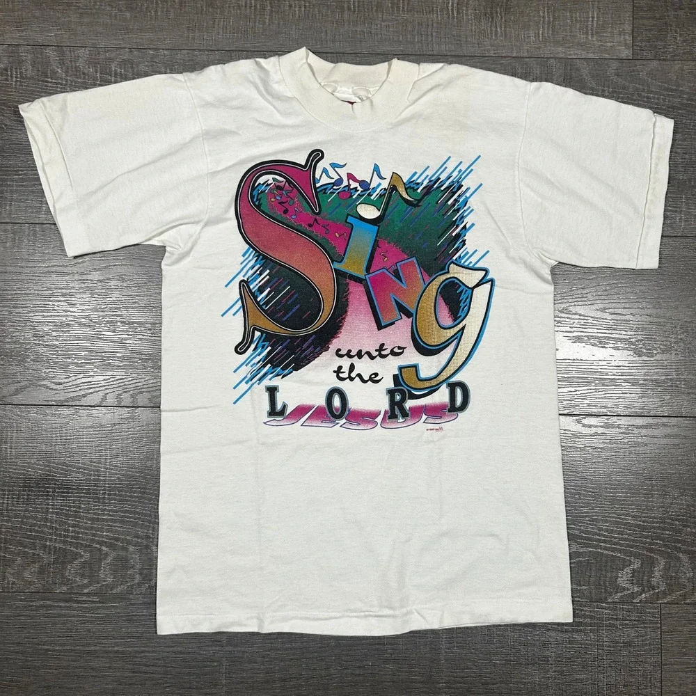 Vintage 1995 Fruit of the Loom Sing Unto The Lord Jesus Graphic Tee White Small
